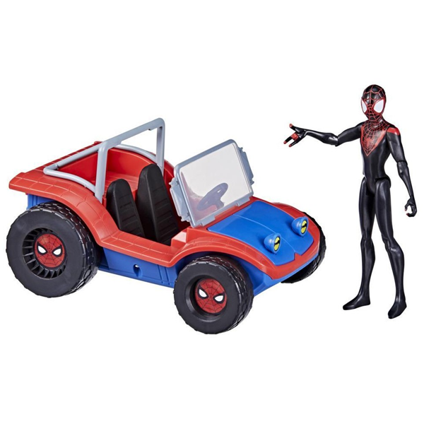 forsigtigt stabil udgifterne Spiderman legetøj med Miles Morales figur og køretøj.